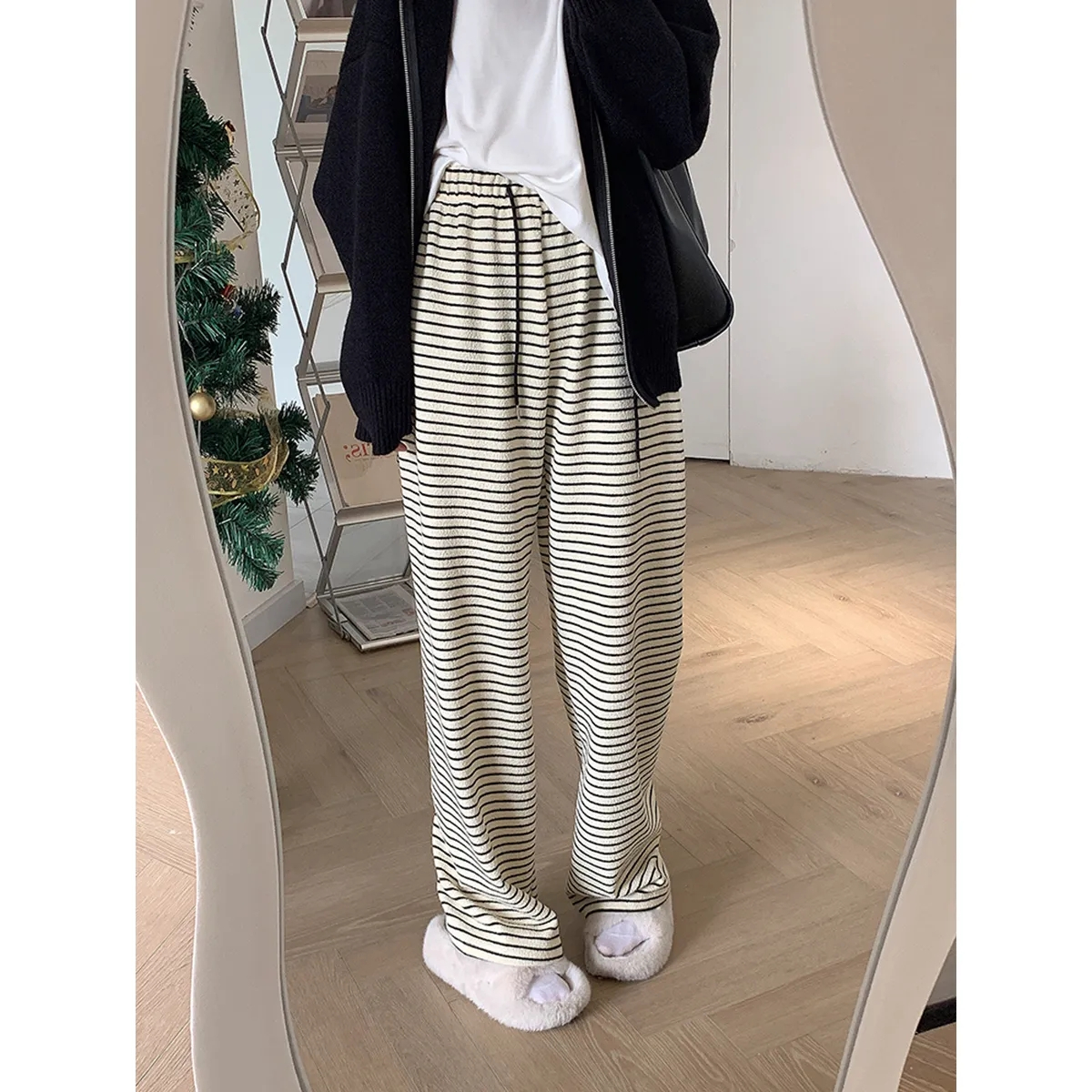 條紋闊腿褲女慵懶風褲子ins潮百搭女高腰顯瘦直筒休閒褲