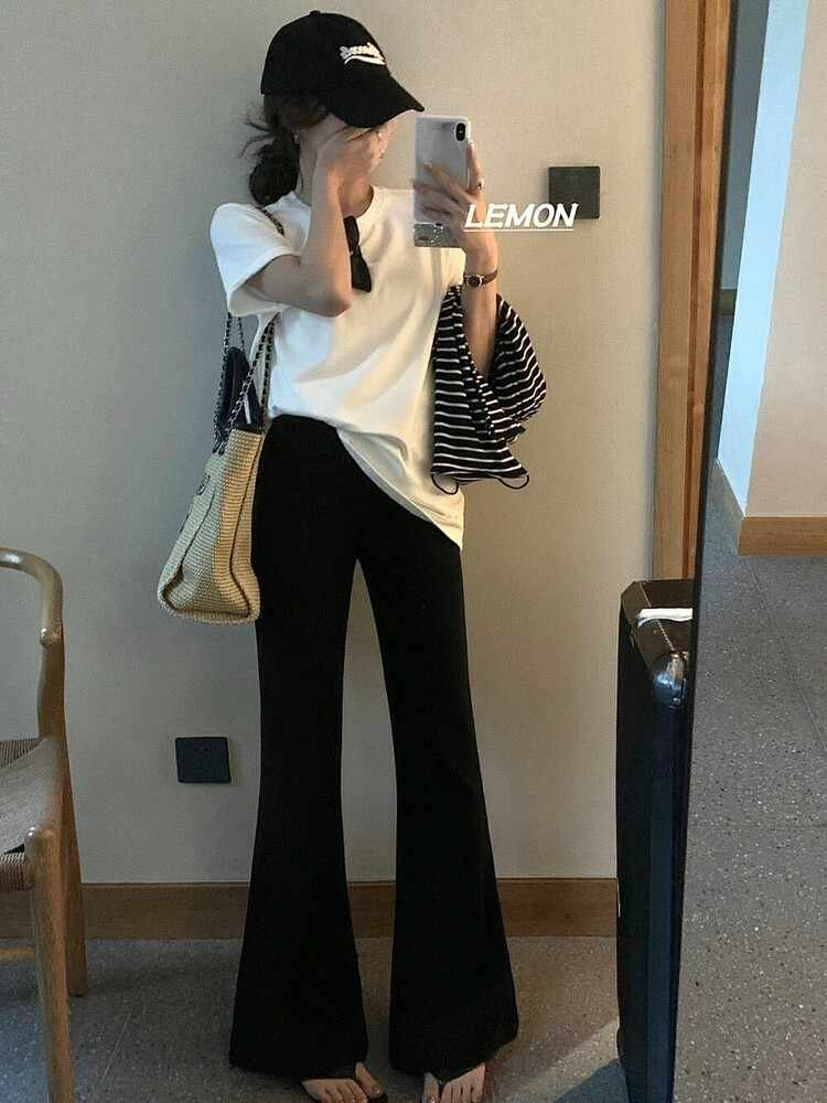 法式氣質高腰微喇叭顯瘦休閒褲女2024百搭休閒喇叭馬蹄長褲