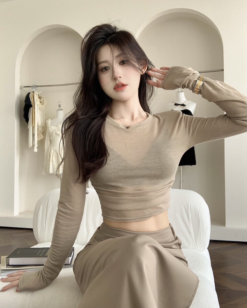 Real shot of sexy hot girl style slimming pleated light sunscreen T-shirt for women see-through short navel top