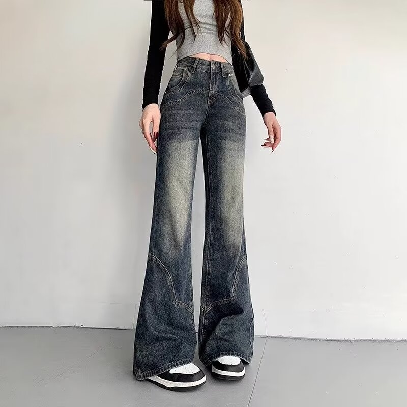 美式水洗設計感直筒牛仔褲女春夏復古垂感寬鬆高腰顯瘦闊腿褲長褲
