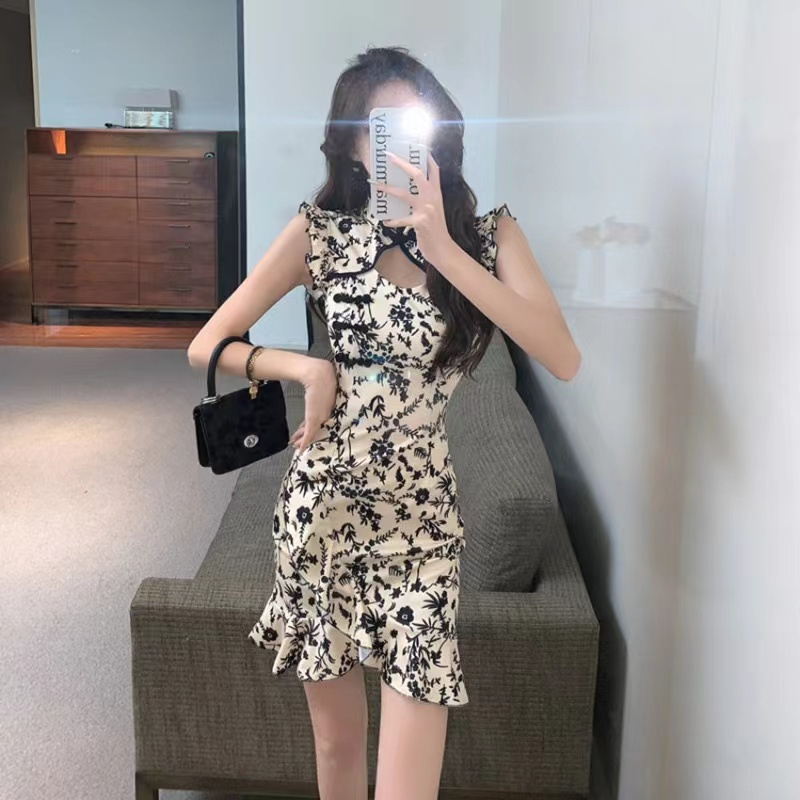 改良旗袍印花性感修身包臀連衣裙高級感御姐名媛風夏裝2024年新款