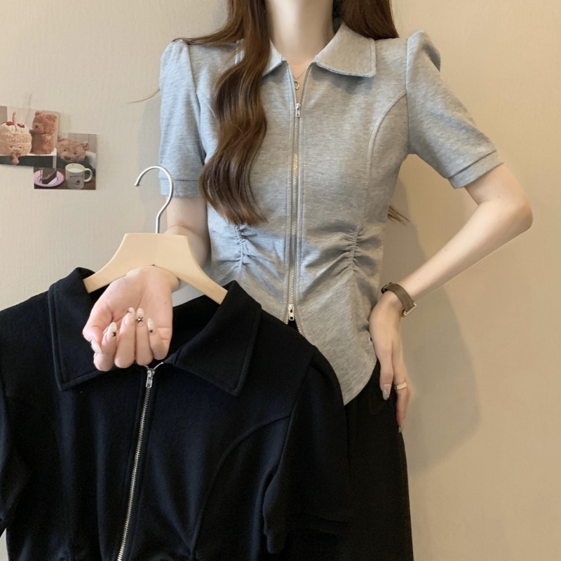 實拍  夏裝短袖T恤女拉鏈polo領設計感