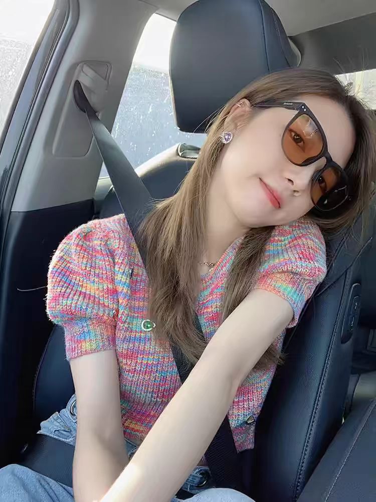 高級設計感小眾彩虹針織短袖t恤女獨特别致短款上衣夏季新款