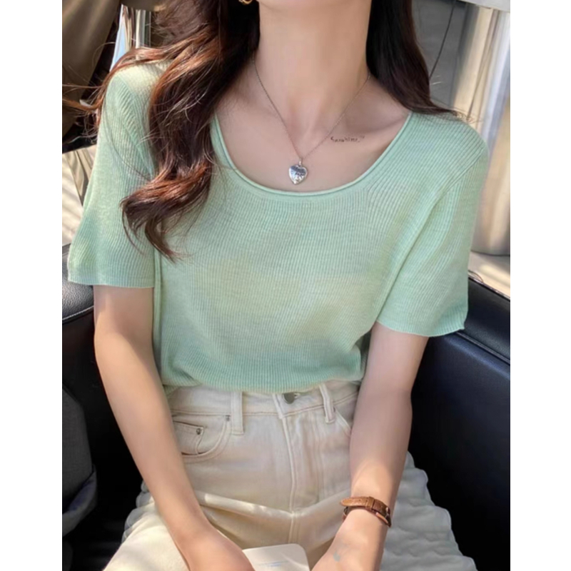 Ice silk sweater women's short-sleeved T-shirt 2024 new square neck top design niche thin small shirt summer