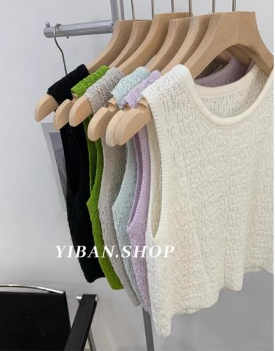 YIBAN Korean textured solid color round neck casual and versatile knitted sleeveless vest suspender short top for women