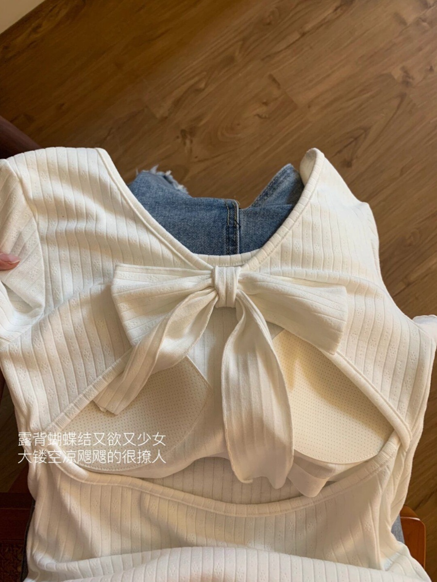 D905#原版提花面料 帶胸墊純欲短袖t恤女短款蝴蝶結美背上衣