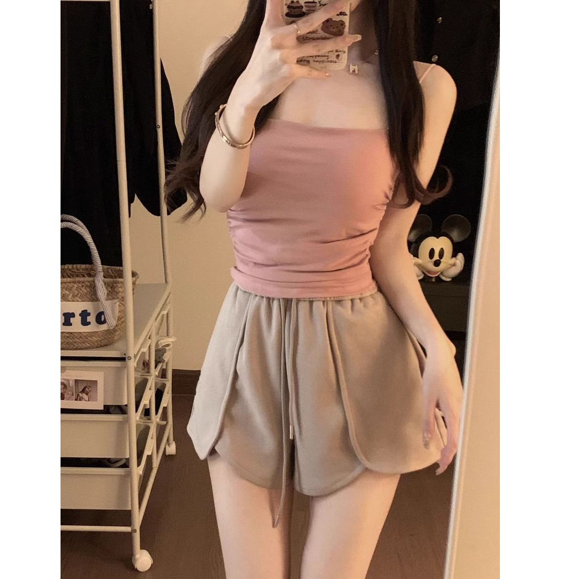250g斜紋拉架 美式復古休閒短褲女夏季新款高腰寬鬆熱褲
