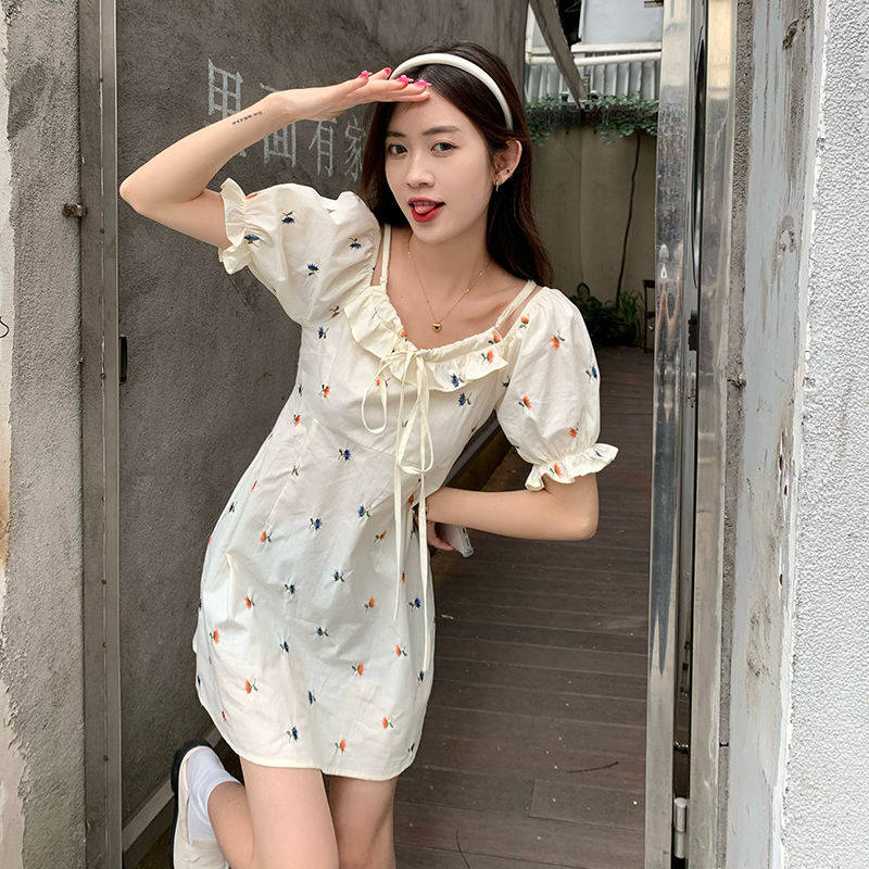 韓國 夏季珍珍家小個子連衣裙女新款法式碎花裙設計感小眾a字裙子