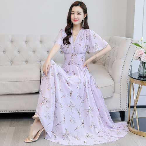 Fashion new chiffon dress female British style goddess style high waist British style foreign style summer slimming long swing