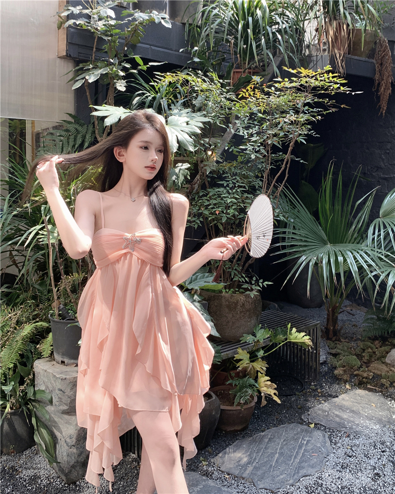 實拍~純欲雪紡吊帶連衣裙女夏性感氣質仙女荷葉邊蛋糕裙
