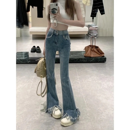 2024 Summer Korean Style Retro Hot Girl Tassel Bootleg Jeans Women's High Waist Slim Stretch Flared Floor-Mopping Pants