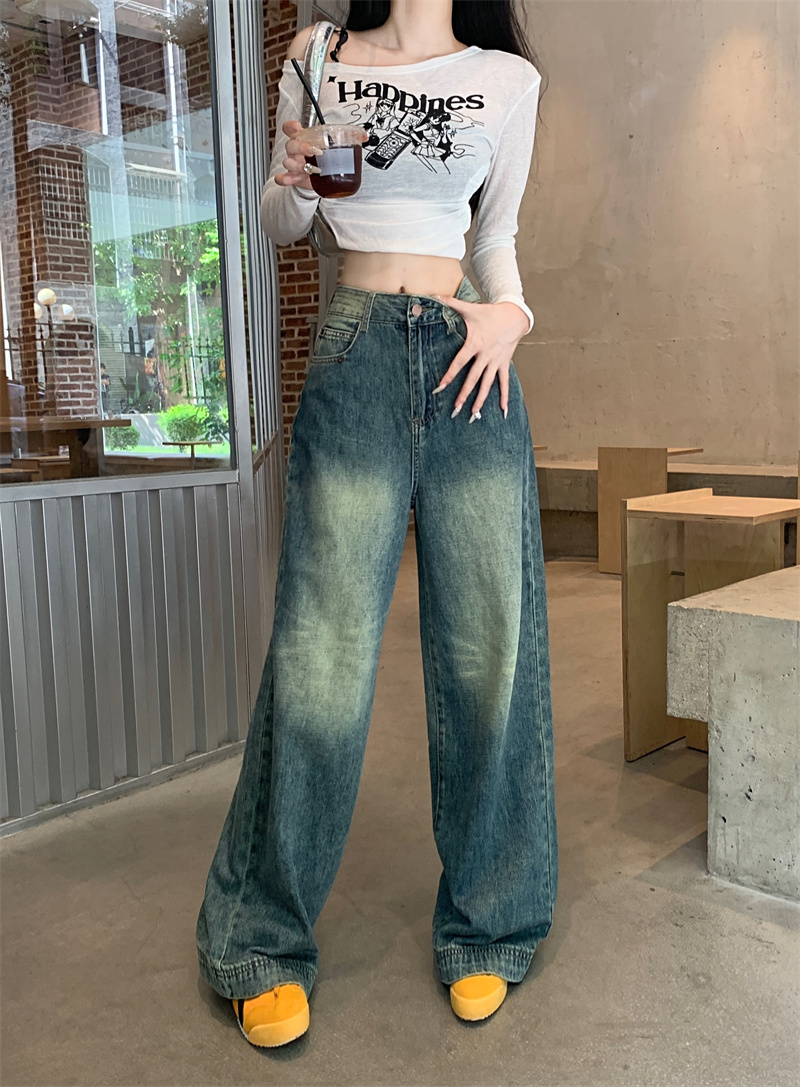 實拍高腰牛仔褲女春季2024新款褲子高腰百搭直筒褲寬鬆垂感拖地褲