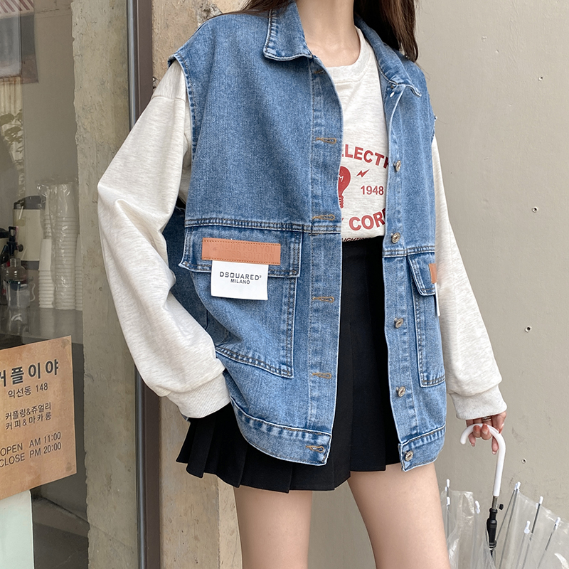實拍~牛仔馬甲女春夏新款設計感小眾寬鬆無袖坎肩馬夾外套潮