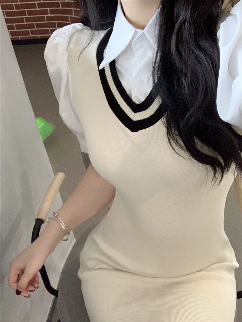 天貓質量夏季學院風撞色泡泡袖針織連衣裙女收腰甜辣包臀短裙