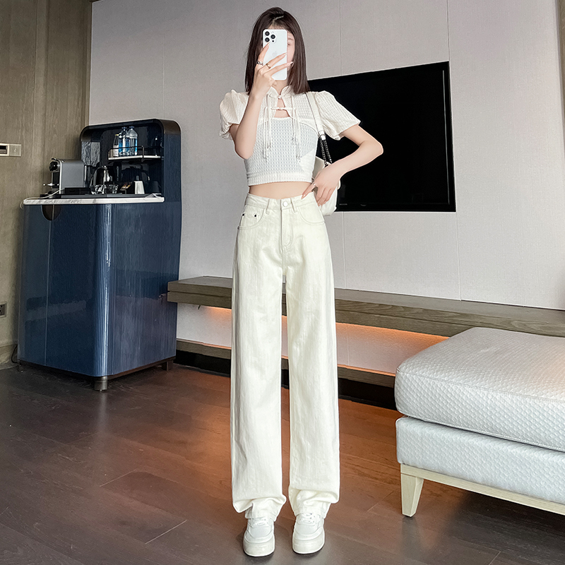 實拍 淺杏色高端質感闊腿拖地牛仔褲美式高街直筒褲女