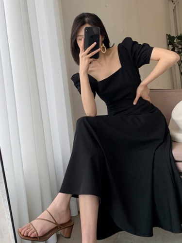 Korean puff sleeve solid color square collar slim and fashionable fresh chiffon short-sleeved mid-length dress summer new style