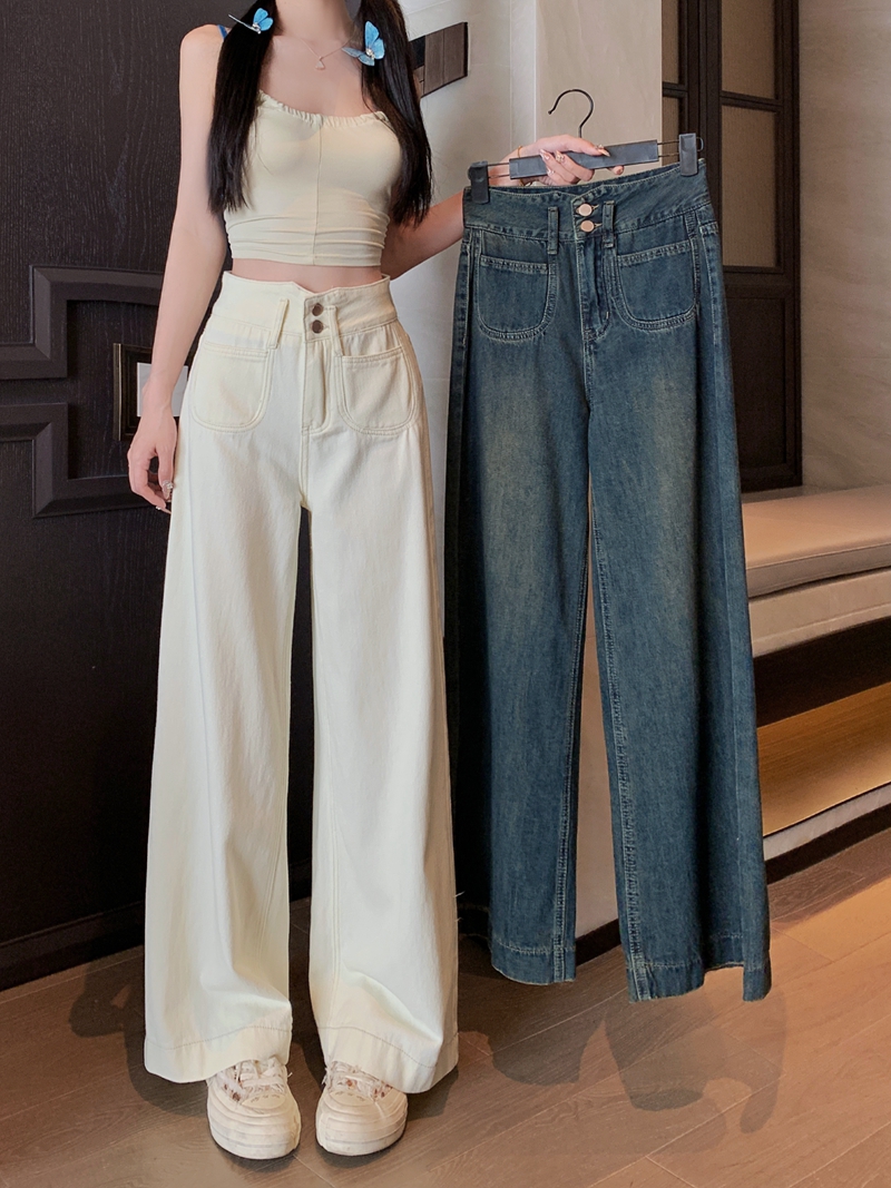 Actual shot#High-waisted straight-leg loose denim trousers for women with design sense waist two-button wide-leg trousers