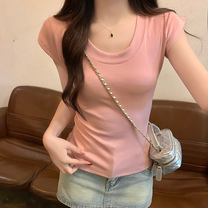 實拍 短袖t恤女裝夏純色修身短款圓領上衣