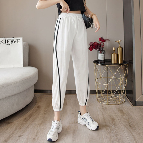 Ice silk sweatpants women's summer high-waisted thin casual quick-drying pants 2024 new loose leg-tie bloomers