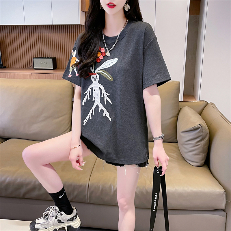 實拍 2024夏季新款韓版寬鬆莫代爾圓領卡通刺繡大碼短袖T恤女