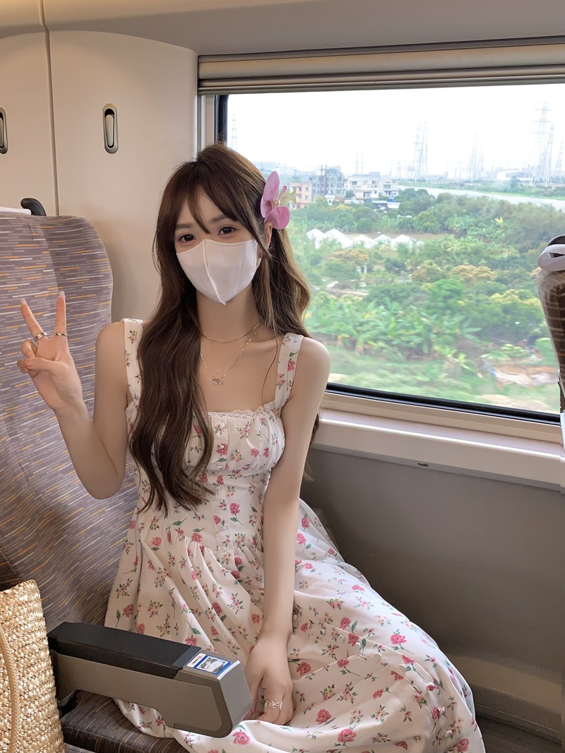 實拍  夏季古典玫瑰少女花色修身吊帶連衣裙