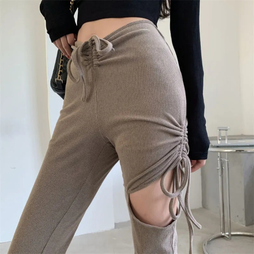 Designed micro-flare lace-up hollow casual pants for women spring 2024 new trousers high-waisted slim flared pants