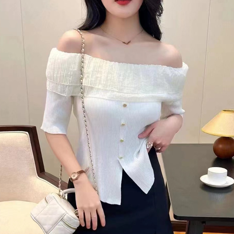 2024夏季新款甜美設計感一字肩荷葉邊排扣短袖上衣女