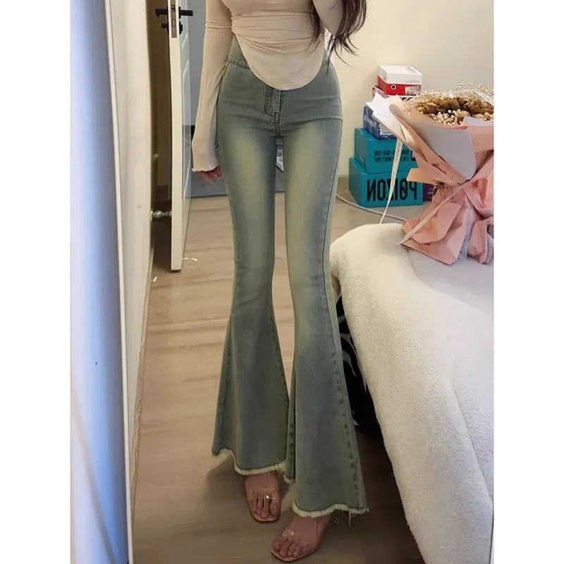夏季新款白月光淺色純欲微喇牛仔褲女2024新款高腰顯瘦魚尾喇叭褲