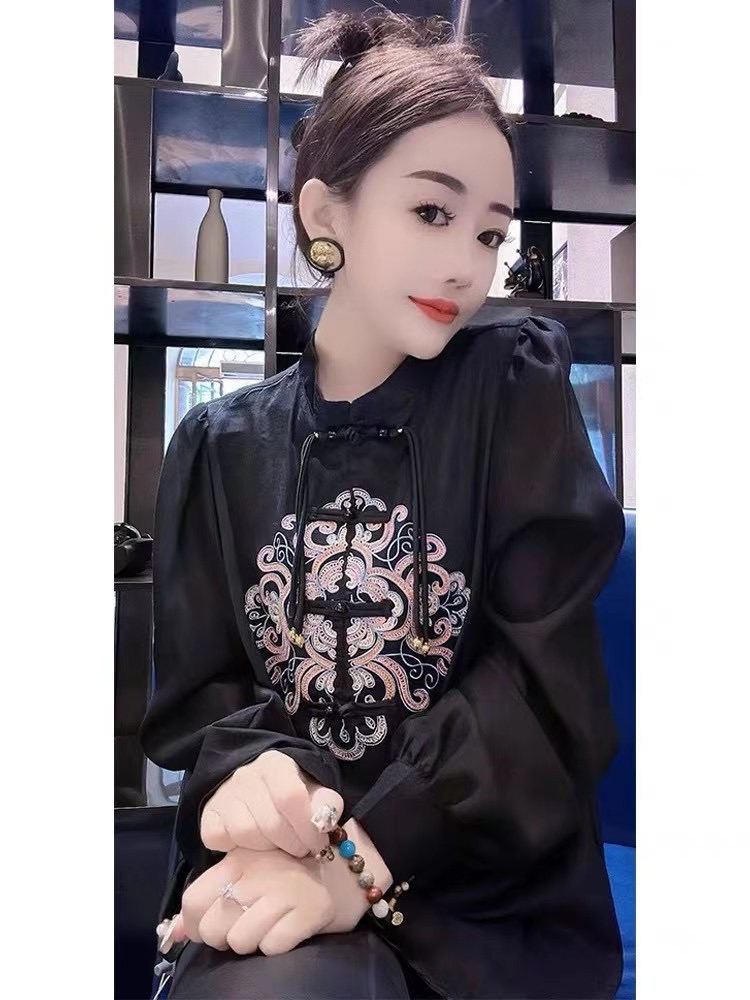 新中式國風盤扣立領襯衫女歐洲站2024春季新款氣質百搭純色襯衣