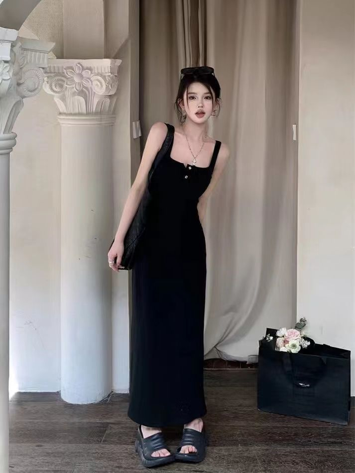40支人棉 黑色背心吊帶連衣裙女背帶長裙夏季甜辣無袖氣質連衣裙