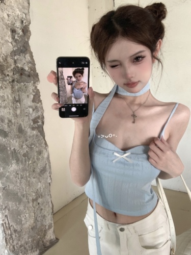 Actual shot of Korean style slimming short sweet and spicy bow-tie camisole bottoming shirt top