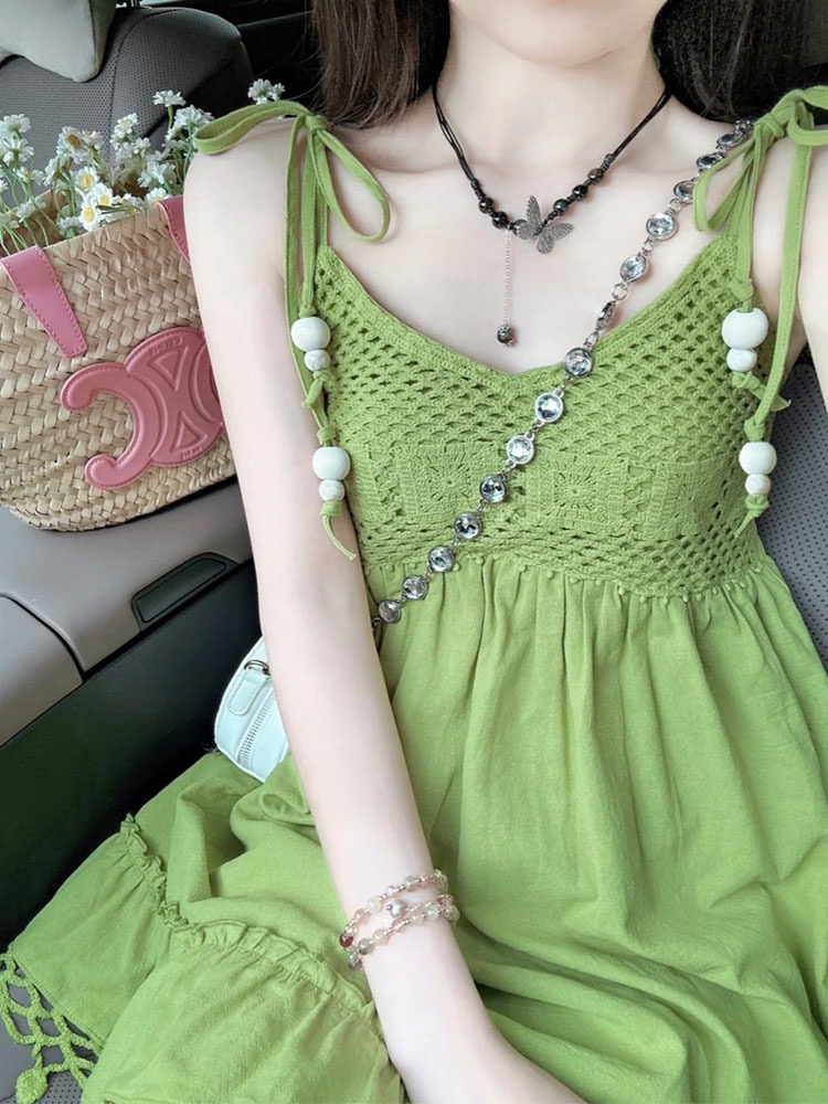 品質 牛油果綠色流蘇無袖吊帶連衣裙女夏娃娃裙子多巴胺短裙