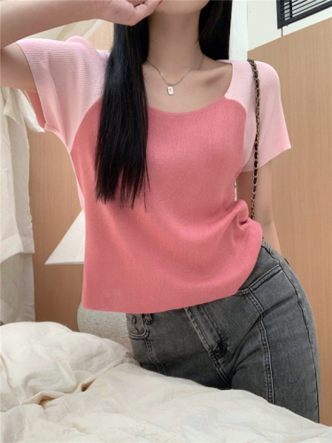 Real shot of contrasting color square collar chic right shoulder short-sleeved sweater short T-shirt top for women