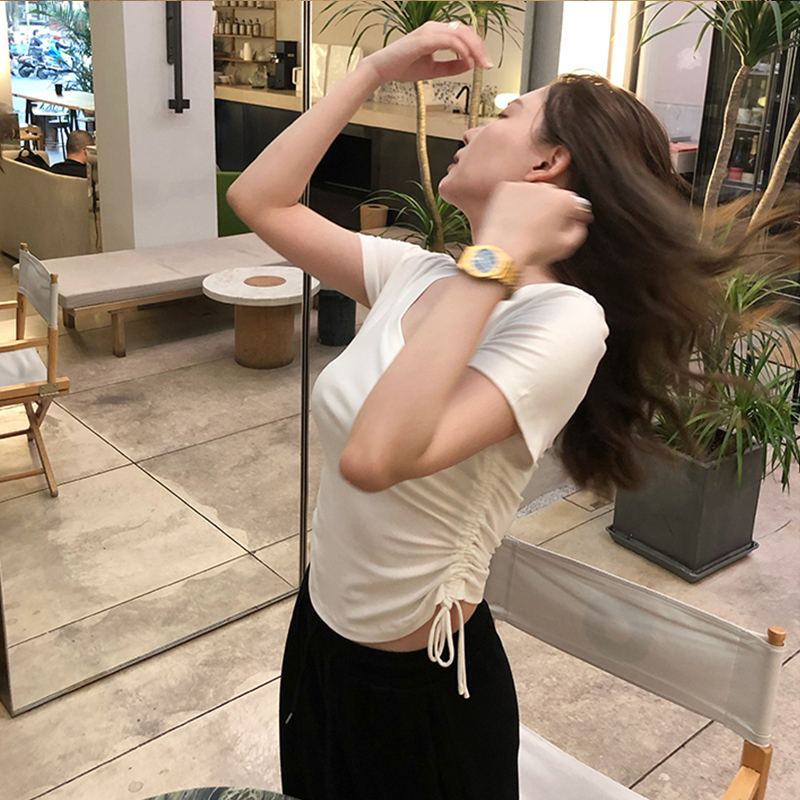 官圖 別致短款上衣女設計感抽繩顯胸小衫辣妹純欲露臍純色短袖T恤