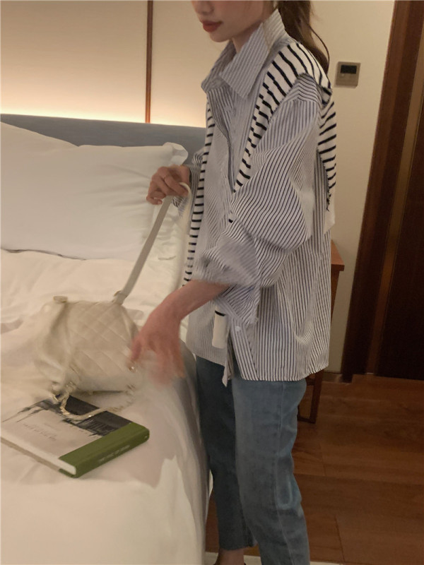 法式斜襟條紋襯衫女裝2024早春新款小衫長袖內搭茶里茶氣別致上衣