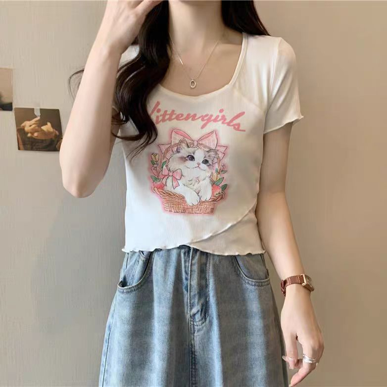 羅紋貓咪方領正肩短袖T恤女夏純欲辣妹短款交叉別致上衣打底衫