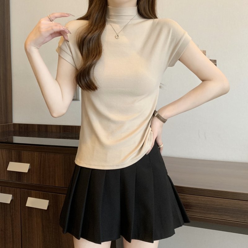 287# 實拍  40支純棉 2024夏裝半高領短袖T恤女in修身純色