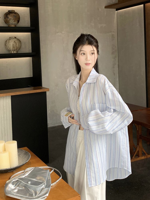 原版面料藍色條紋polo領長袖襯衫女裝夏季薄款寬鬆防曬襯衣款上衣