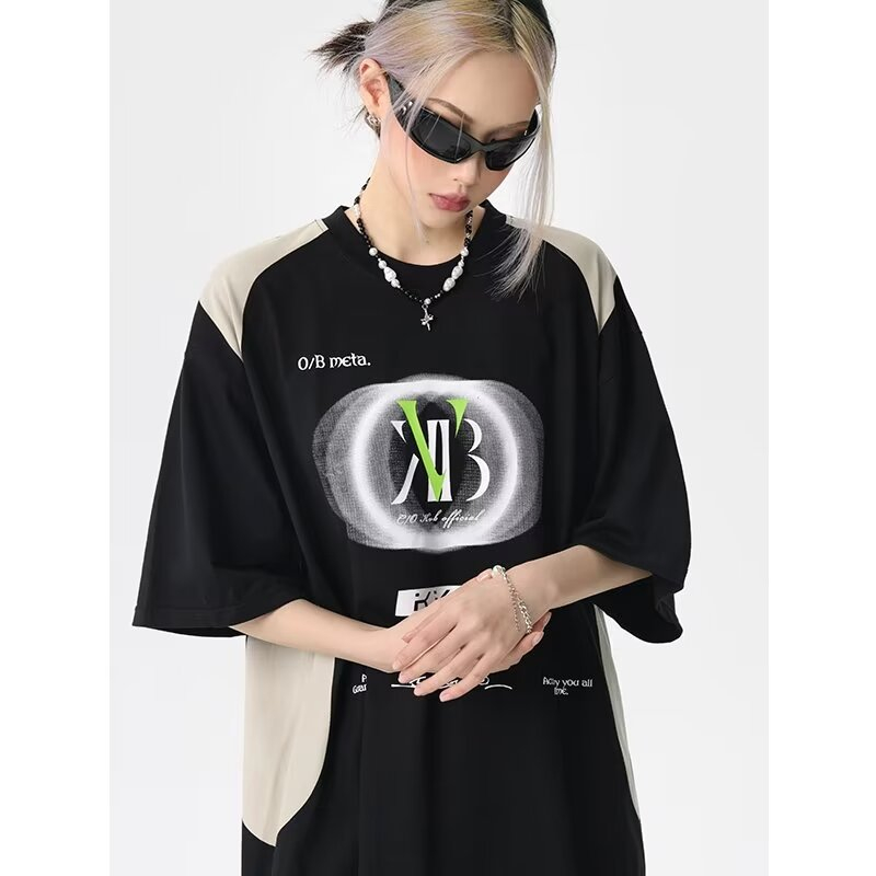 美式復古拼接撞色印花短袖T恤女潮牌小眾設計感寬鬆休閒半袖上衣