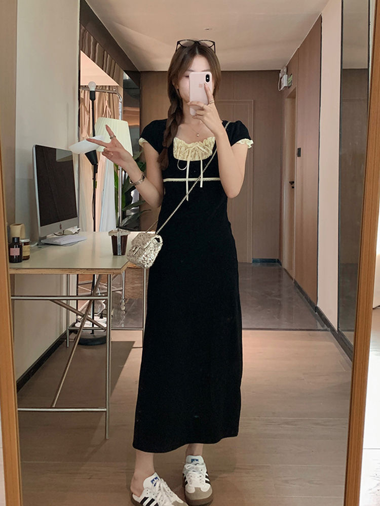 芭蕾風蕾絲拼接系帶連衣裙夏季甜美少女百搭修身顯瘦彈力a字長裙