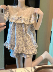 實拍韓版甜美國風水墨畫重工蕾絲全棉夏季短袖家居服套裝睡裙