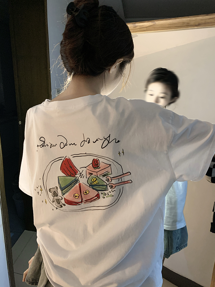 原創~實拍~後背印花純棉短袖T恤女印花半袖上衣