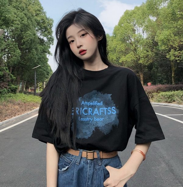 短袖T恤少女夏裝2024年新款初中高中學生韓版寬鬆印花半袖上衣服