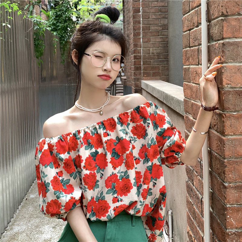紫色襯衫女雪紡碎花夏季一字肩新款2024鎖骨洋氣上衣設計減齡T恤