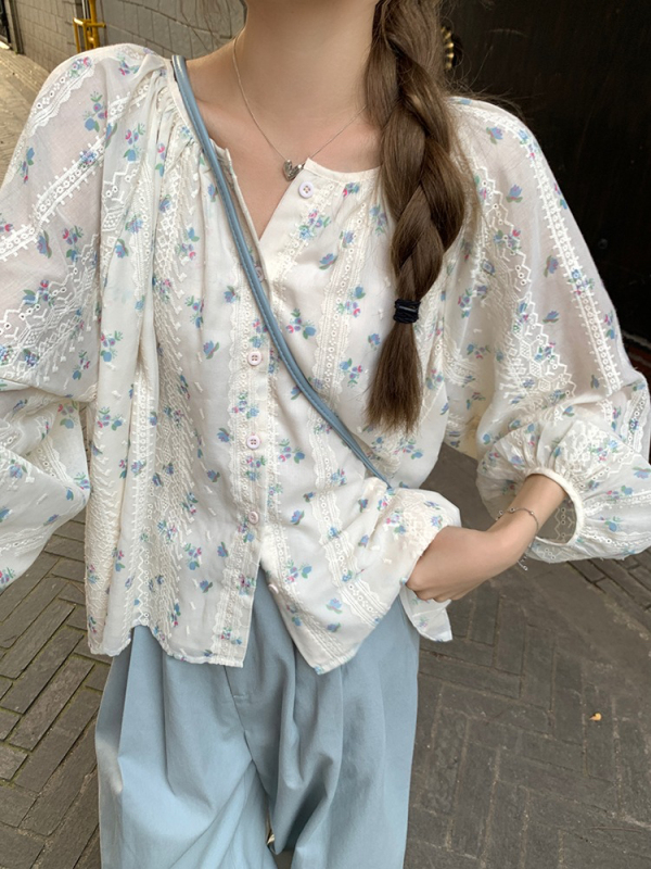 小清新碎花長袖襯衫小個子寬鬆顯瘦圓領甜美少女感雪紡衫