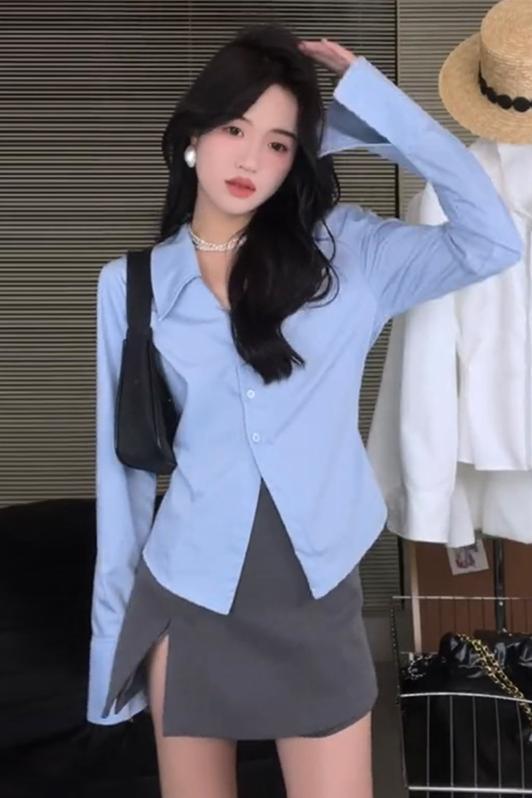 白色polo領長袖襯衫女裝早春2024新款修身顯瘦設計感小眾襯衣上衣