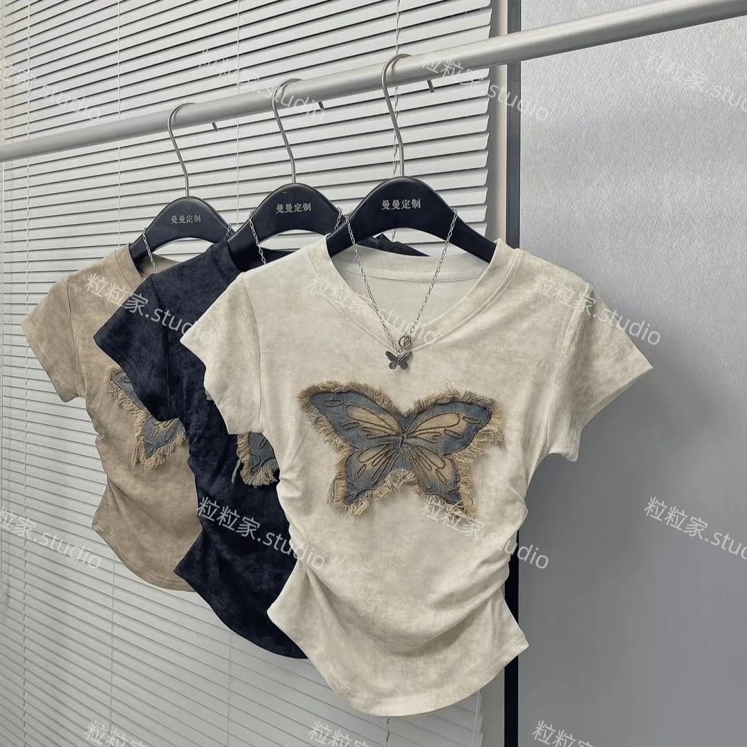 粒粒 V領褶皺t恤女夏季蝴蝶拼接上衣辣妹美式百搭正肩短袖上衣