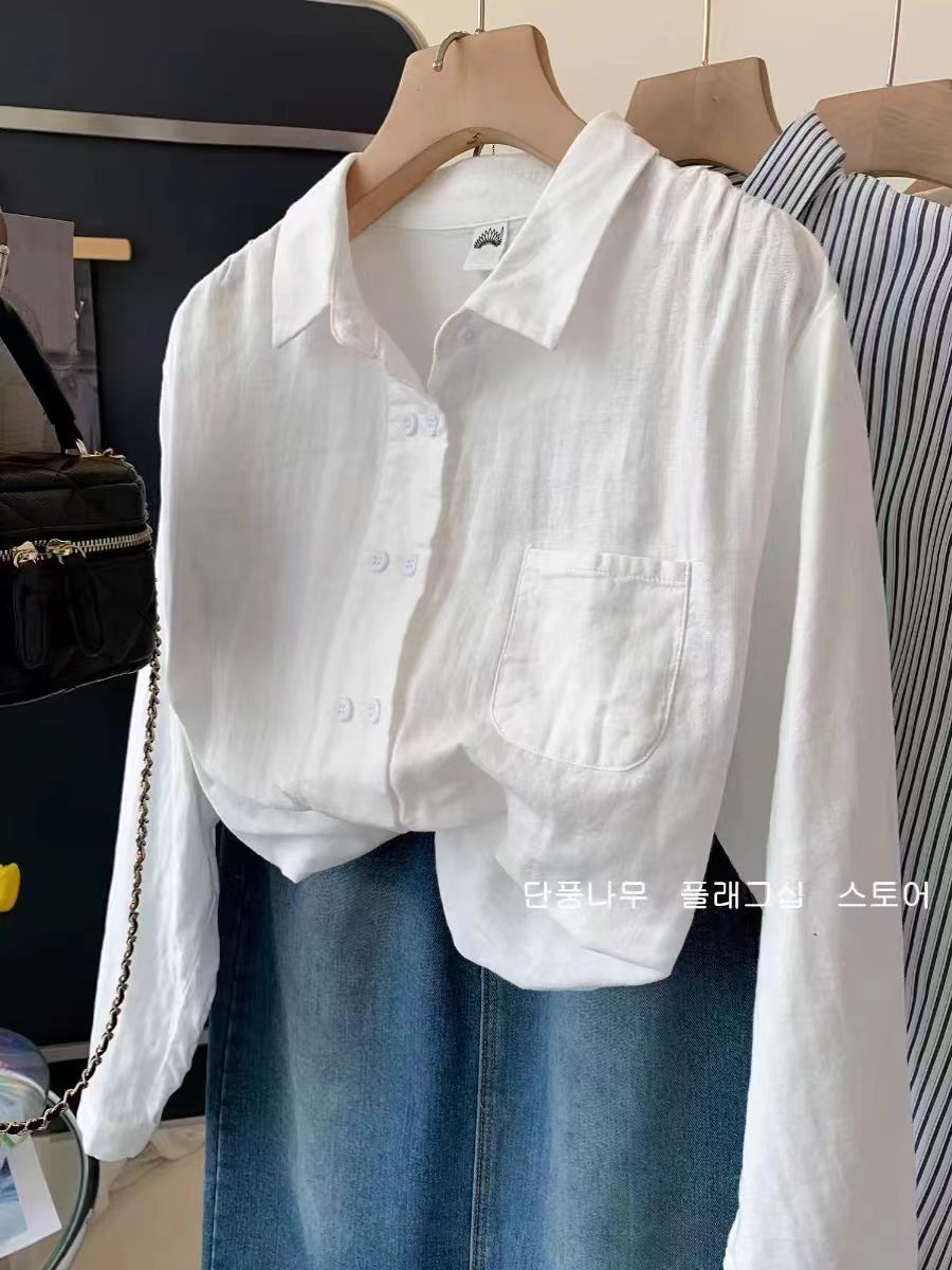 白色棉麻襯衫女長袖春秋亞麻上衣雙排扣小個子外穿百搭防曬襯衣