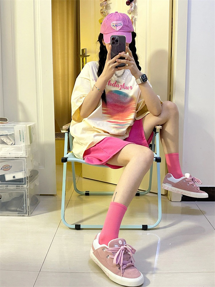 2024春夏韓版嫩色休閒運動服套裝女夏純棉短袖T恤+短褲兩件套裝潮