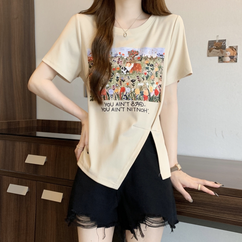 實拍  人棉2*2 2024夏裝印花短袖T恤女設計感寬鬆小眾